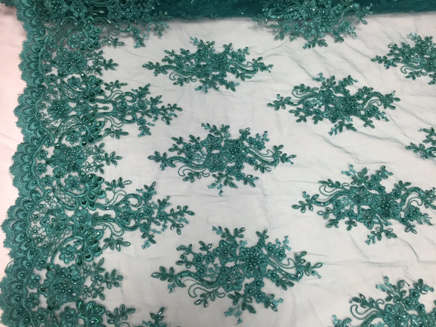 Teal Green marvelous design embroider and beaded on a mesh lace-prom-nightgown-decorations-dresses-Sold by the yard.