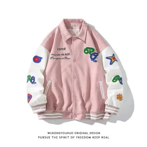 Trendy patch towel embroidery baseball jacket for men and women loose contrast colore jacket