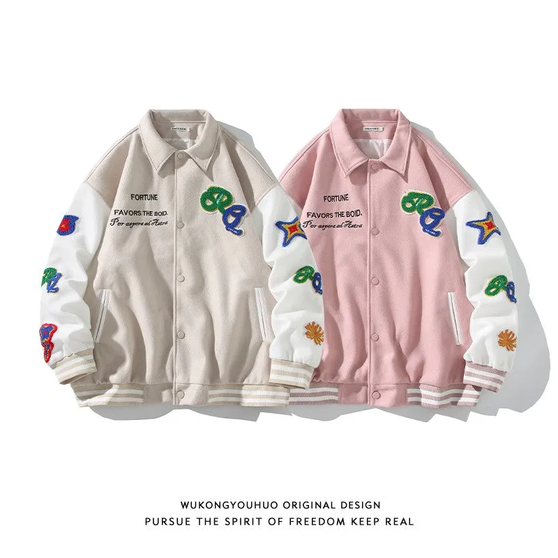 Trendy patch towel embroidery baseball jacket for men and women loose contrast colore jacket