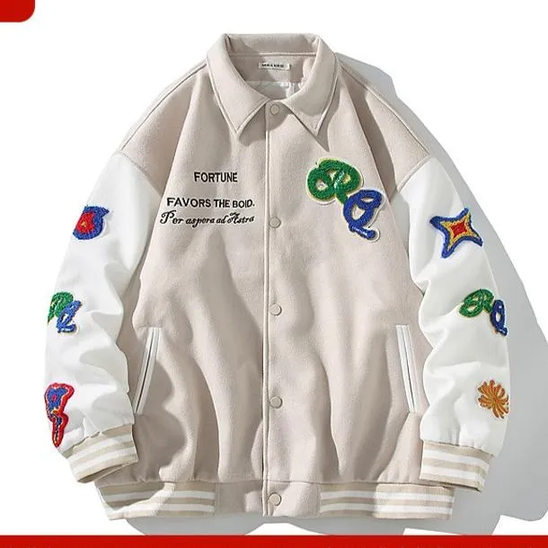 Trendy patch towel embroidery baseball jacket for men and women loose contrast colore jacket