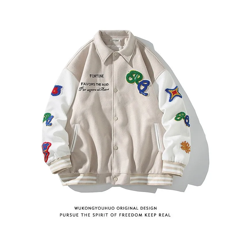 Trendy patch towel embroidery baseball jacket for men and women loose contrast colore jacket