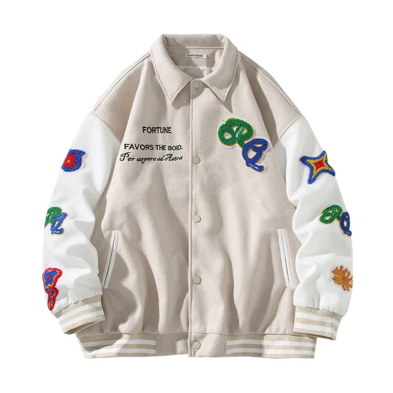 Trendy patch towel embroidery baseball jacket for men and women loose contrast colore jacket