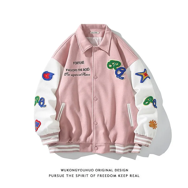 Trendy patch towel embroidery baseball jacket for men and women loose contrast colore jacket