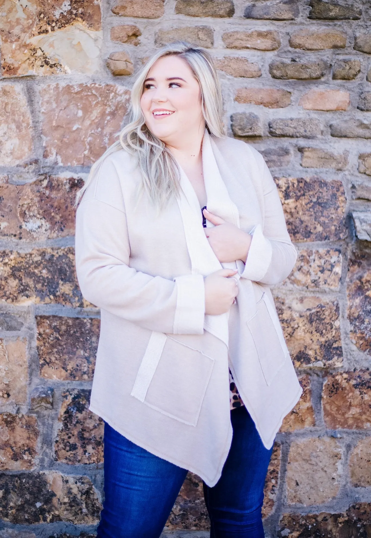 Tres Chic French Terry Cardigan In Oatmeal