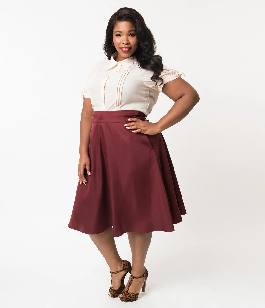 Unique Vintage Plus Size Retro Style Burgundy High Waist Vivien Swing Skirt