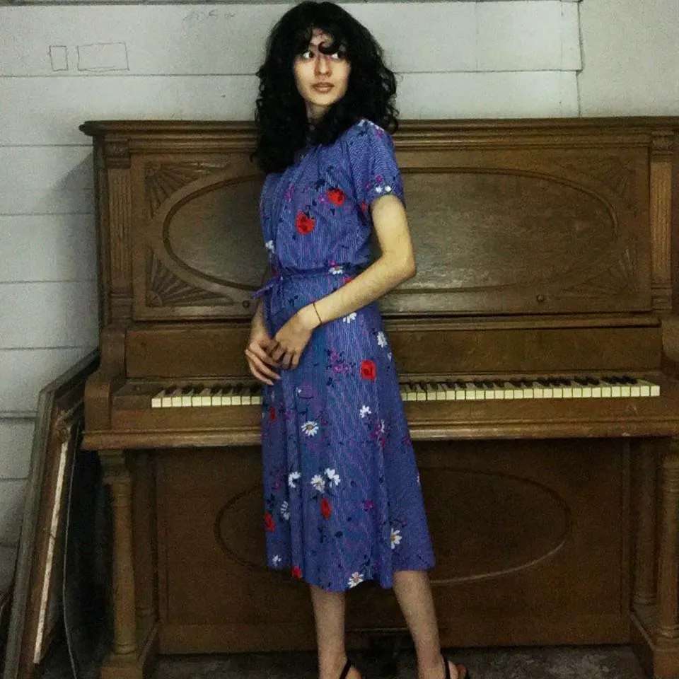 Vintage 70s | Blue Floral Dress Cotton Secretary Dress | M/L