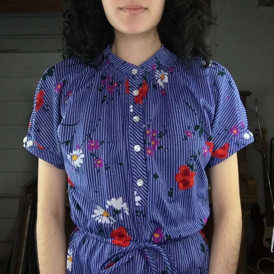 Vintage 70s | Blue Floral Dress Cotton Secretary Dress | M/L