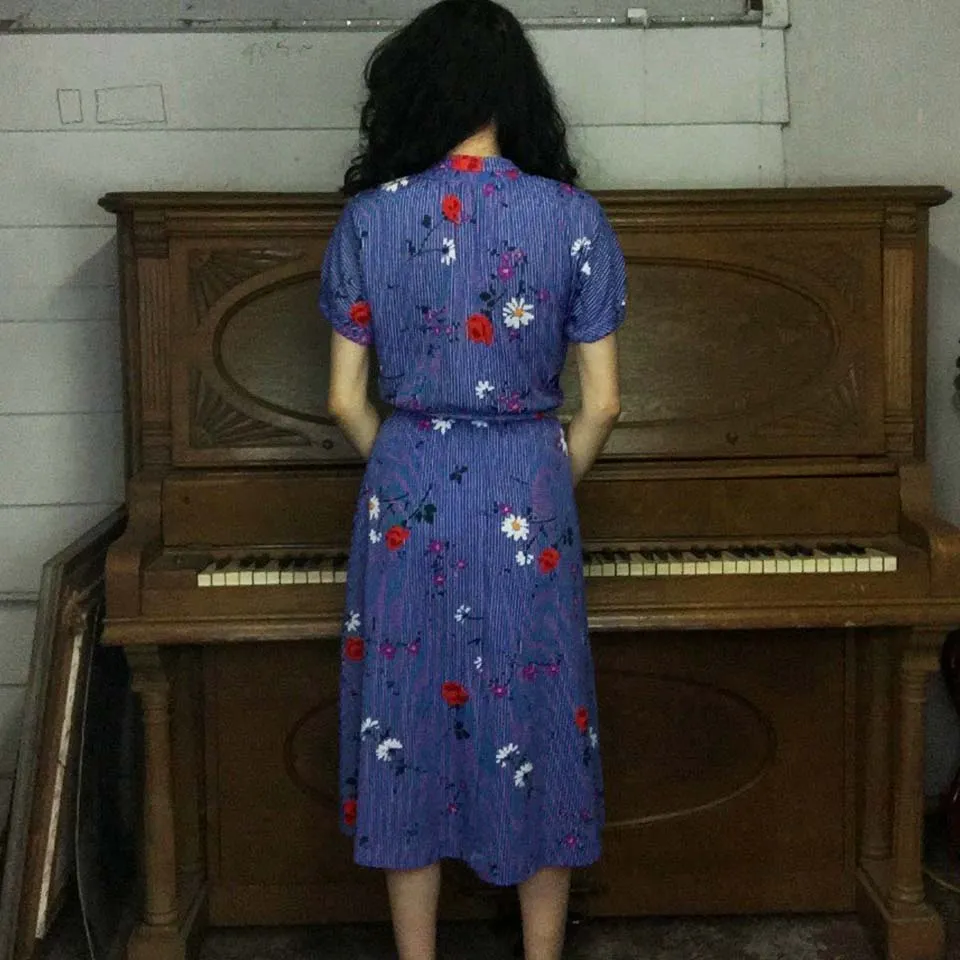 Vintage 70s | Blue Floral Dress Cotton Secretary Dress | M/L