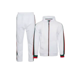 White Men's Jogging Set with Hoodies Red and Green Strip Luxury Style