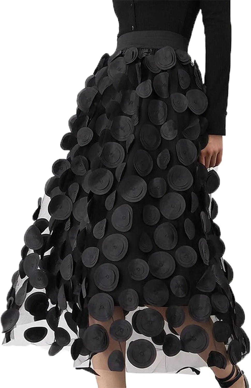 Women 3D Polka Tulle Maxi Skirts Dot Elastic Waist A Lined Sheer Mesh Mid Skirts Formal Flowy Party Clubwear