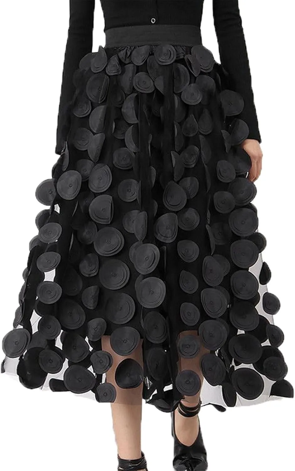 Women 3D Polka Tulle Maxi Skirts Dot Elastic Waist A Lined Sheer Mesh Mid Skirts Formal Flowy Party Clubwear