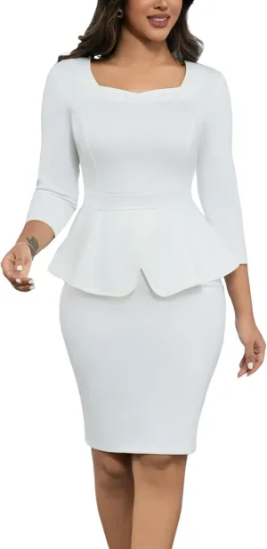 Women's 2 Piece Suit Set Peplum 3/4 Long Sleeve Church Dress Suit Elegant Formal Office Midi Pencil Skirt Suit