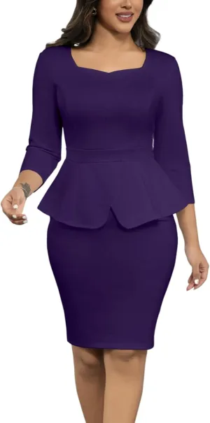 Women's 2 Piece Suit Set Peplum 3/4 Long Sleeve Church Dress Suit Elegant Formal Office Midi Pencil Skirt Suit