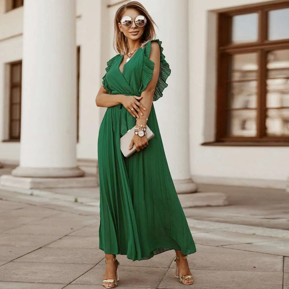 Women's Elegant Ruffle Sleeve Slim Fit Chiffon Dress