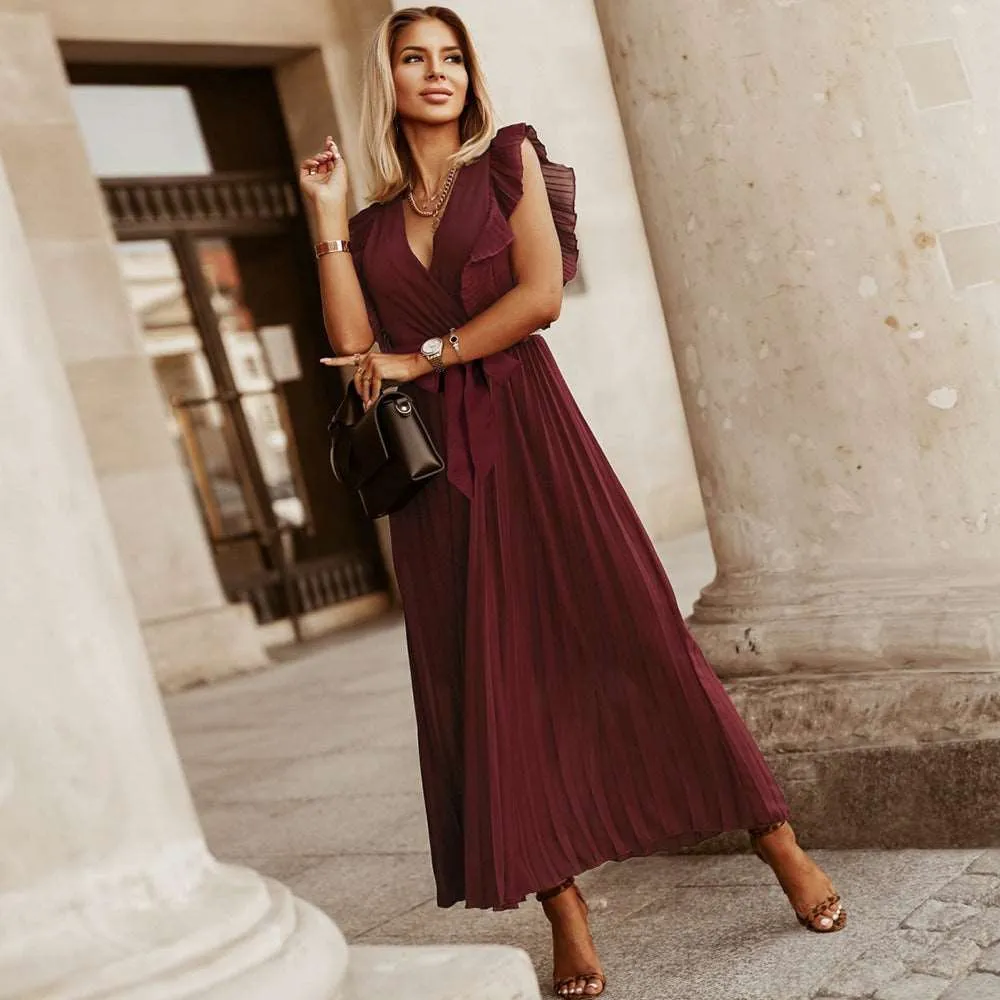 Women's Elegant Ruffle Sleeve Slim Fit Chiffon Dress