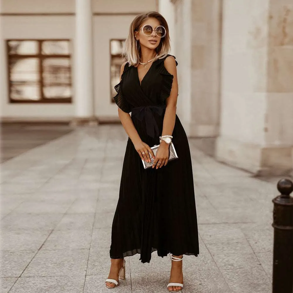 Women's Elegant Ruffle Sleeve Slim Fit Chiffon Dress