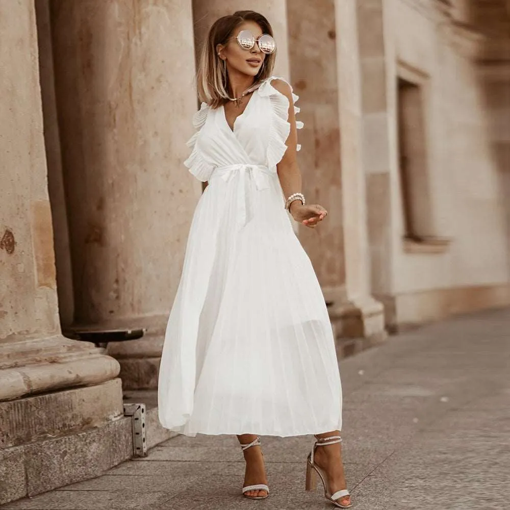 Women's Elegant Ruffle Sleeve Slim Fit Chiffon Dress