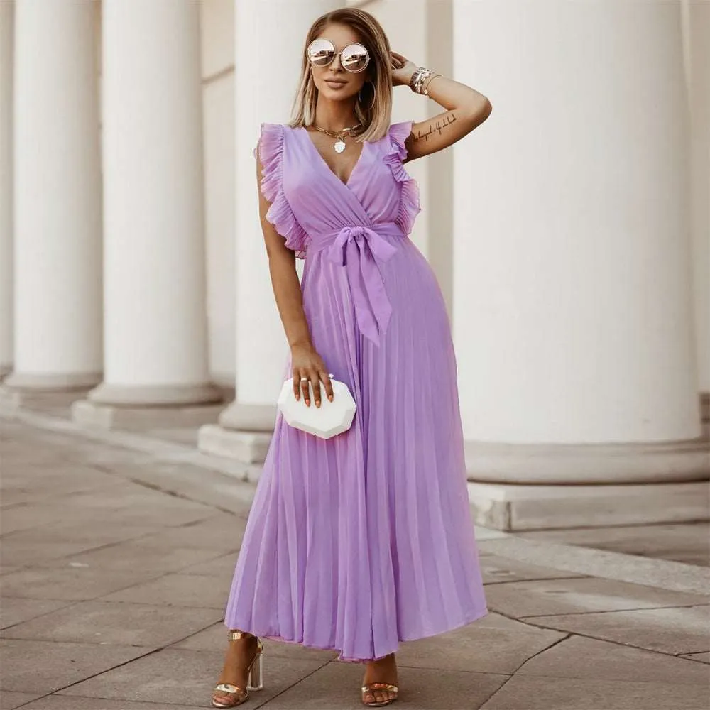 Women's Elegant Ruffle Sleeve Slim Fit Chiffon Dress