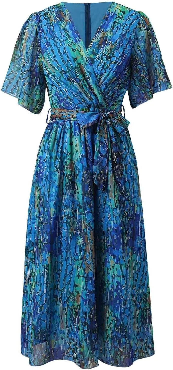 Womens Floral Chiffon Dresses Printed V Neck Belted Elegant Boho Summer Dress Wedding Prom Cocktail Midi Dresses