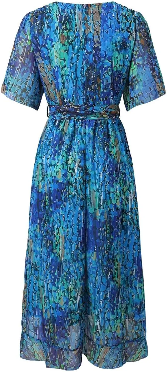 Womens Floral Chiffon Dresses Printed V Neck Belted Elegant Boho Summer Dress Wedding Prom Cocktail Midi Dresses