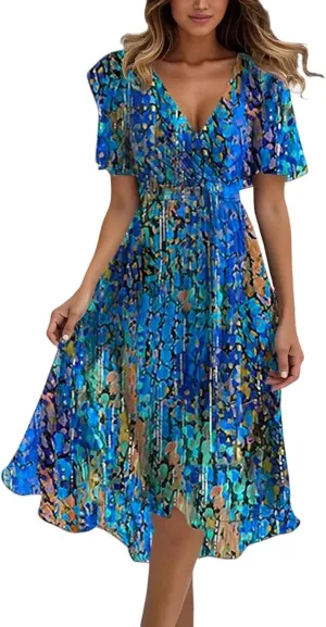 Womens Floral Chiffon Dresses Printed V Neck Belted Elegant Boho Summer Dress Wedding Prom Cocktail Midi Dresses