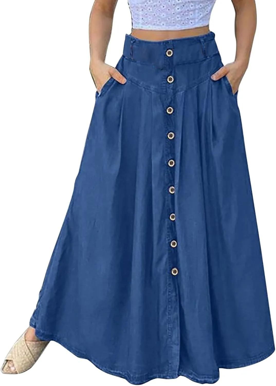 Women's Spring and Summer Casual Loose Solid Color A Line High Waist Skirt with Pocket Buttons Fashion Skirts for