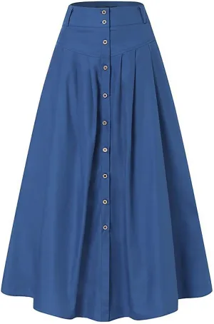 Women's Spring and Summer Casual Loose Solid Color A Line High Waist Skirt with Pocket Buttons Fashion Skirts for