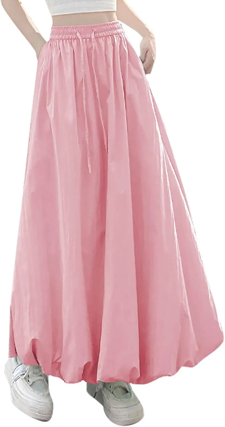 Xiaojmake Women's Casual Boho Maxi Skirt Elastic Waist Pleated A-Line Flowy Long Bubble Skirts Ankle Length Dance Skirt