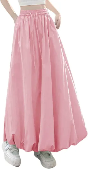 Xiaojmake Women's Casual Boho Maxi Skirt Elastic Waist Pleated A-Line Flowy Long Bubble Skirts Ankle Length Dance Skirt